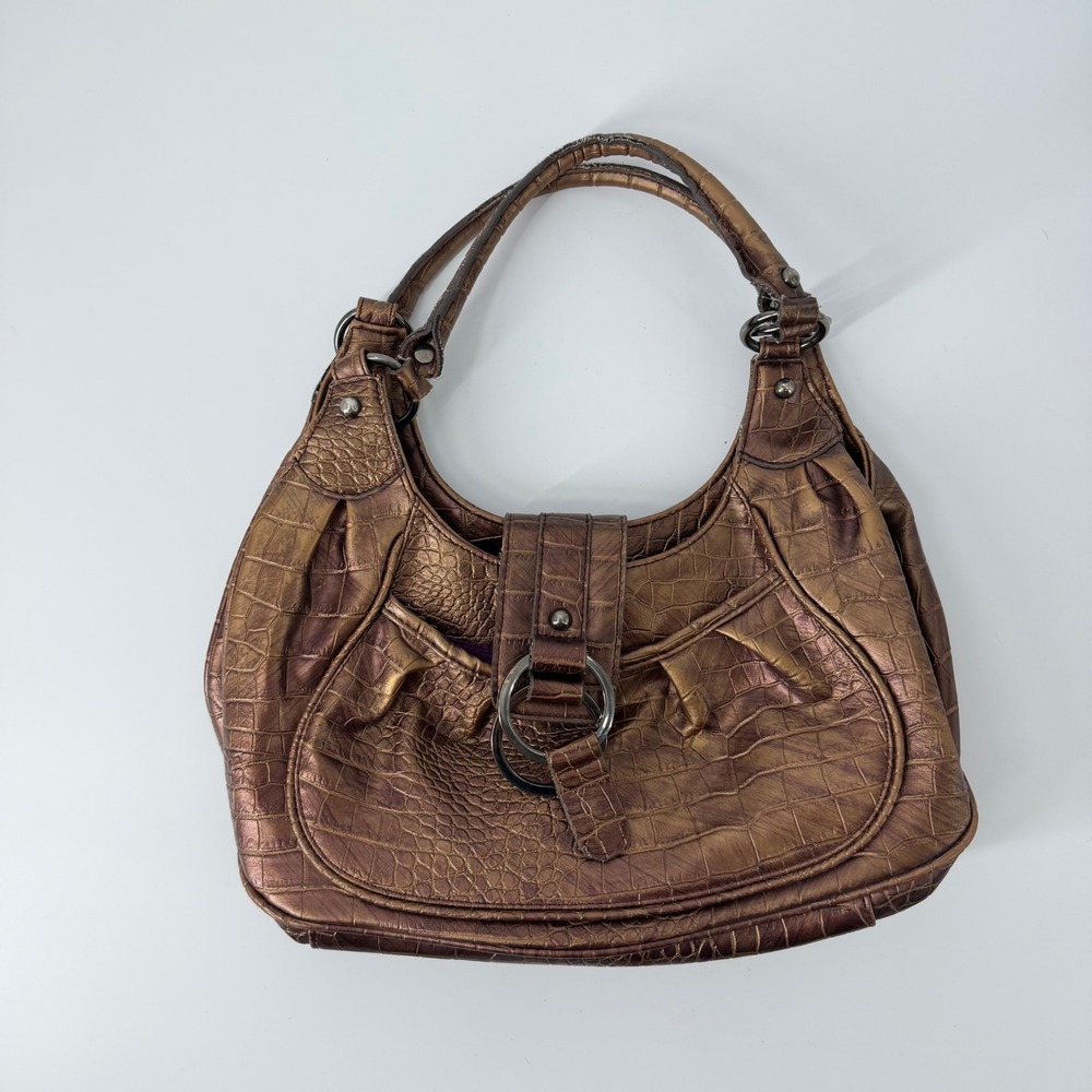 Y2K Mondani New York Bronze Metallic Croc Embossed Hobo Bag Purple Lining